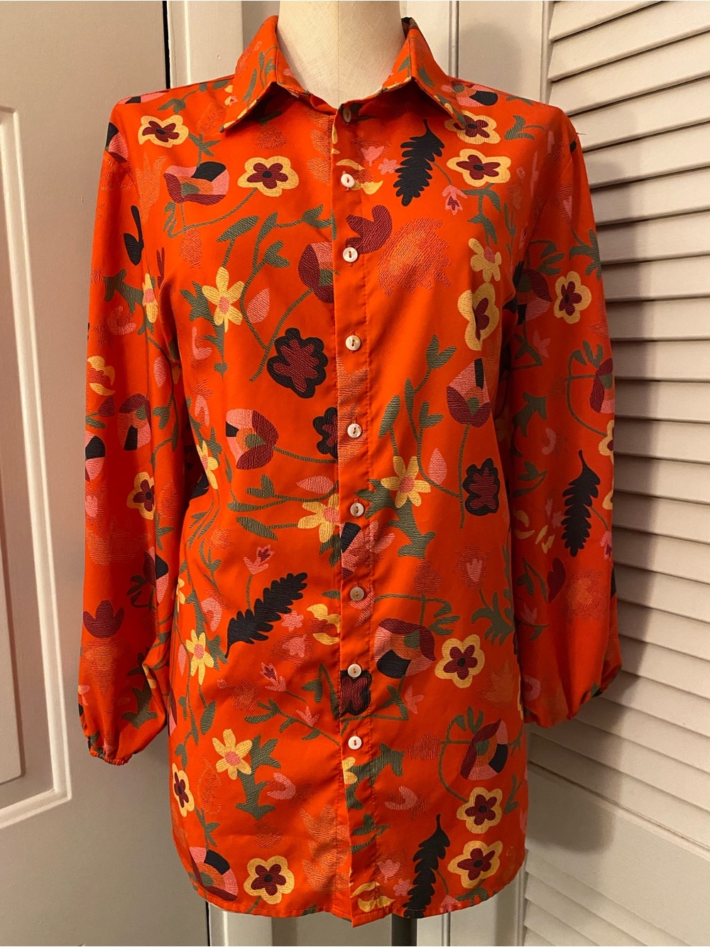 Bright Orangish Red “SHEILAY” Floral Button-Down Shirt- Size 3XL
